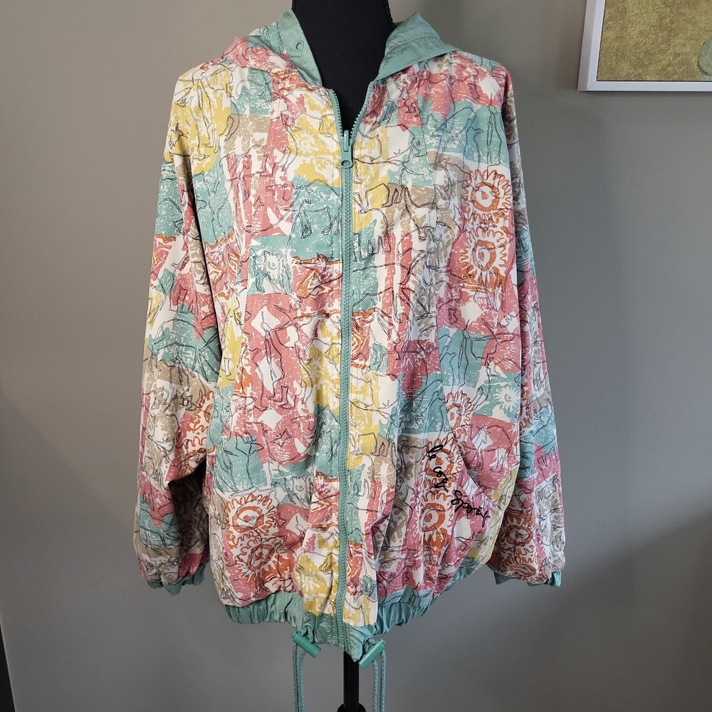 VTG 90's Le Coq Sportif Reversible Hooded Windbreaker Womens L Abstract Graphic